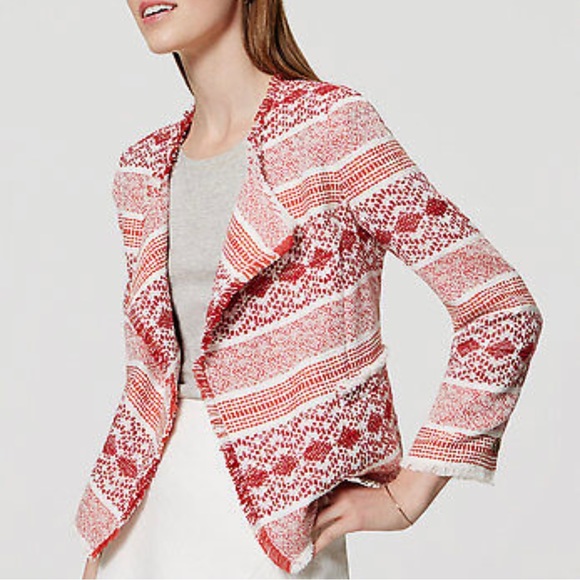 Ann Taylor LOFT Multi Pattern Textured Fringe Boho Open Blazer - Picture 7 of 8